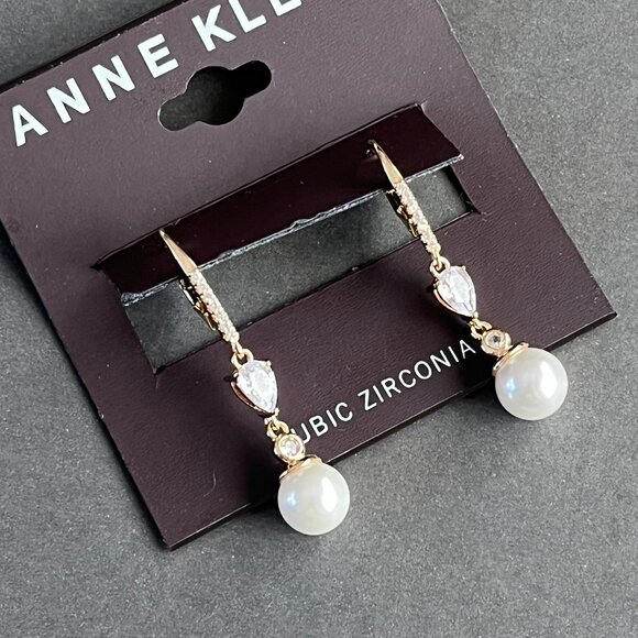 Anne Klein Pearl and CZ Drop Pierced Earrings NEW - Picture 2 of 4